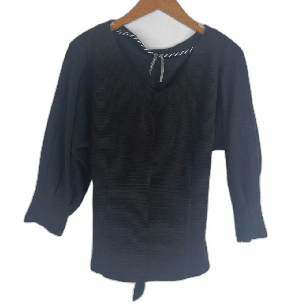 Anthropologie Black Vneck Ribbed Pleated 3/4 Sleeve Tie Back Sweater Size Medium